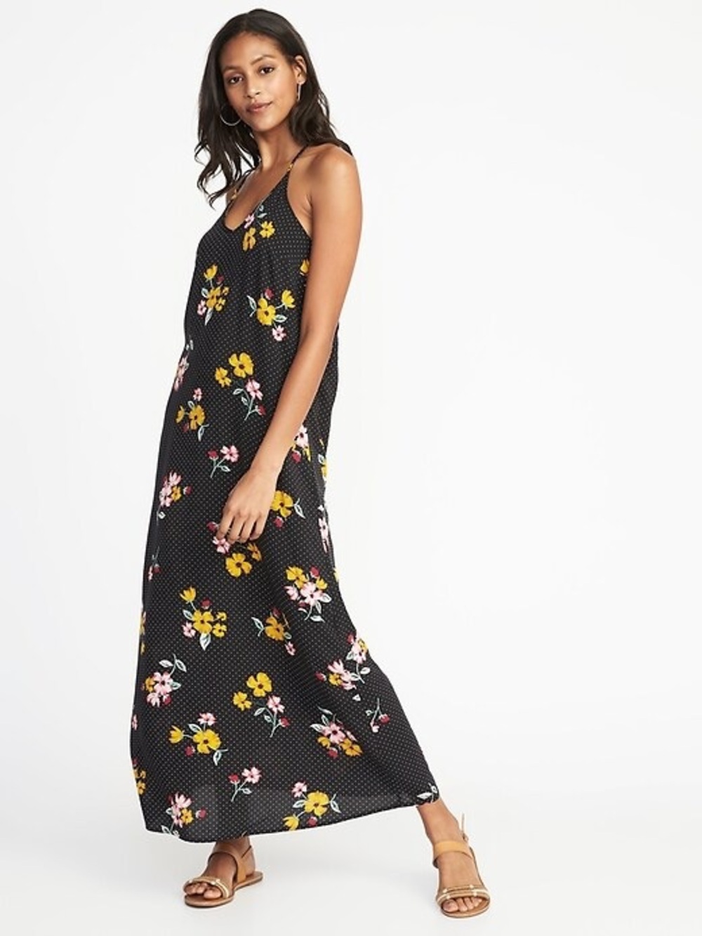 Old Navy Black Maxi Slip Dress with Pink & Yellow Floral Print